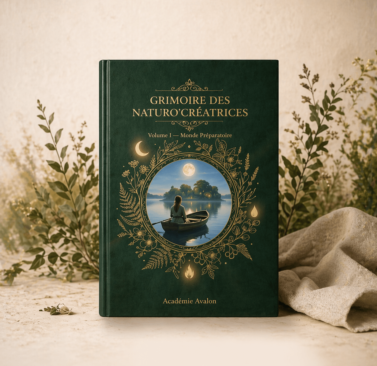 Couverture du Grimoire des Naturo’Créatrices représentant une femme en barque sous la lune se dirigeant vers une île, symbole de reconnexion à soi et de transformation intérieure après un burn-out
